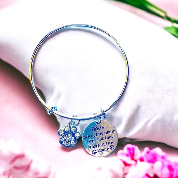 Silver Bangle Bracelet - Dog Charm - Picture 1 of 1